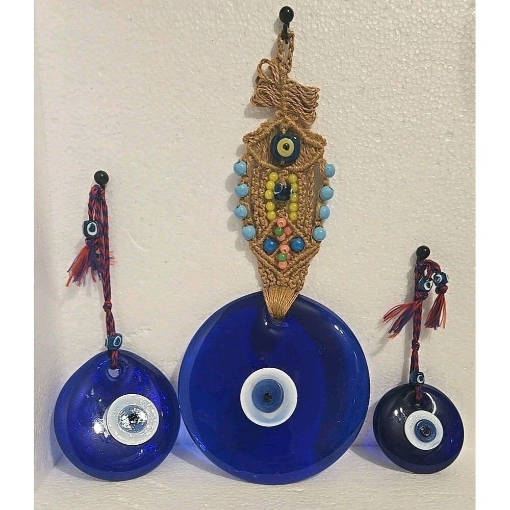 Blue Evil Eye 6" 4" & 2.5"Glass Bead Wall Decor Turkish Handmade Amulet 3pc Lot